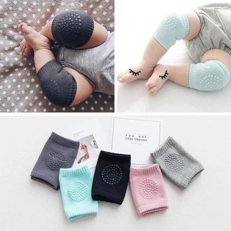 Infant wearing knit knee pads with grip dots, displayed next to multiple pairs in light blue, pink, gray, and dark gray.