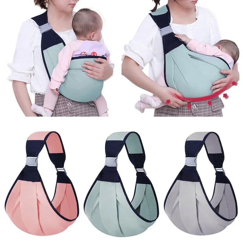 Demonstration of a light green one-shoulder baby carrier worn upright and cradled, alongside pink, green, and grey carriers.