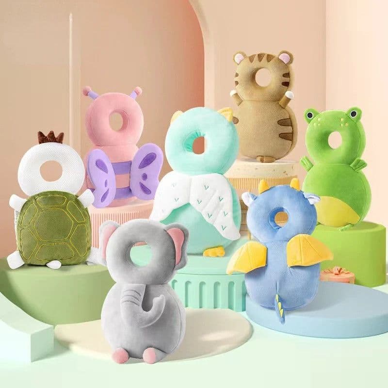 Plush animal-shaped head protection backpack cushions displayed in various animal designs including an elephant, frog, and butterfly.