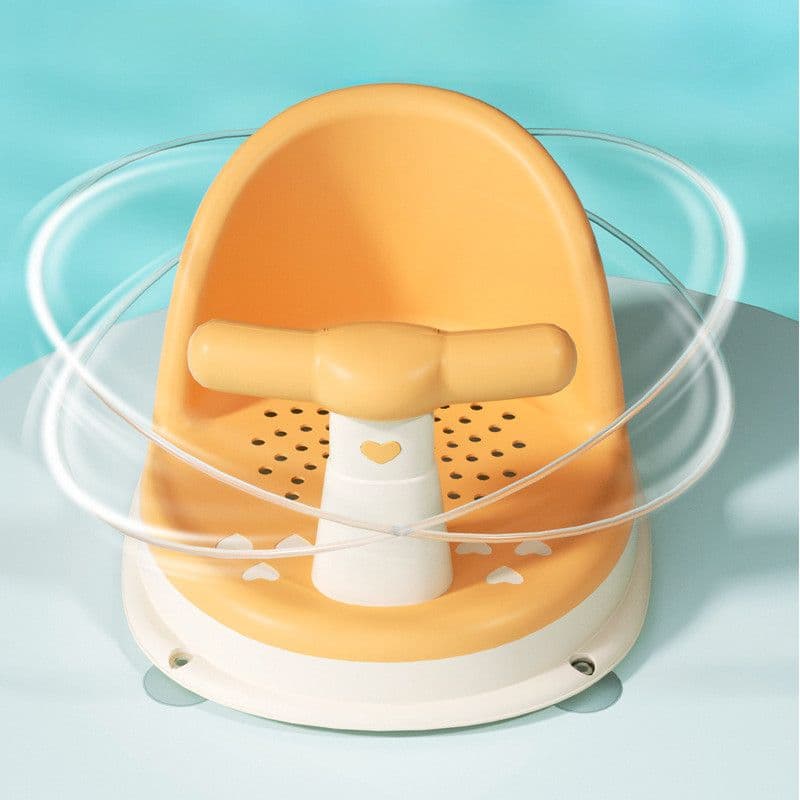 Yellow and light cream plastic baby bath chair with a curved backrest, perforated seat, front T-shaped handle, and suction cups.