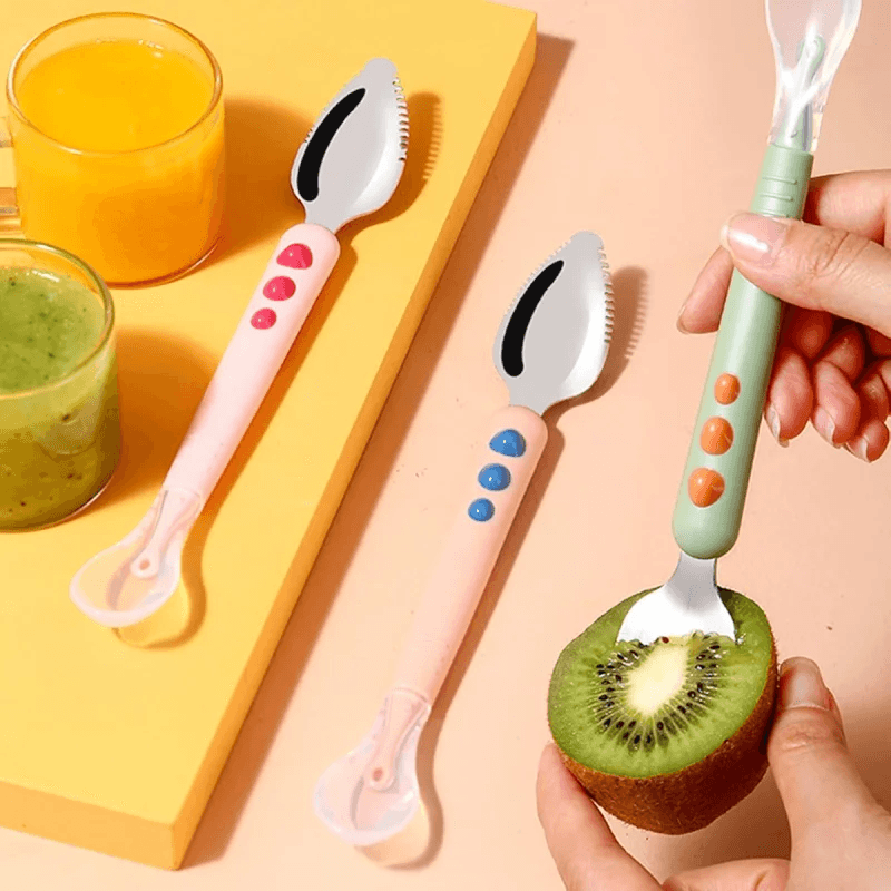 Three dual-ended fruit feeder spoons with pastel handles, showing a stainless steel serrated edge scraping a kiwi half next to soft silicone spoon tips.