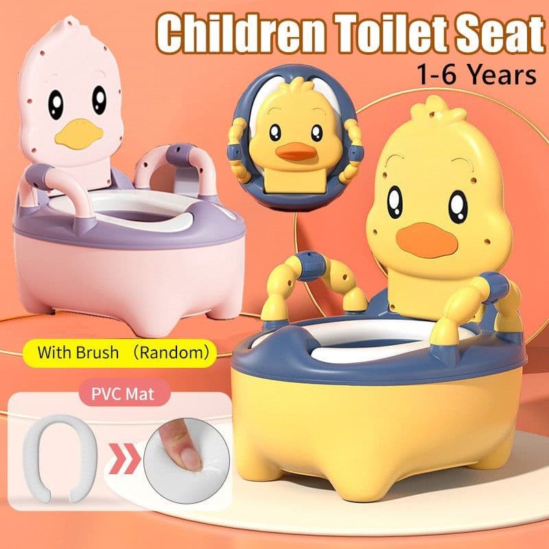 Duck-themed toddler potty chairs in yellow and pink featuring backrests and side handles.
