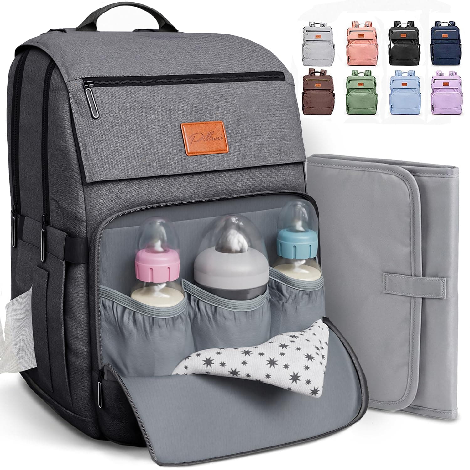 Grey diaper bag backpack with an open front pocket showing three baby bottles, alongside a folded grey changing pad.
