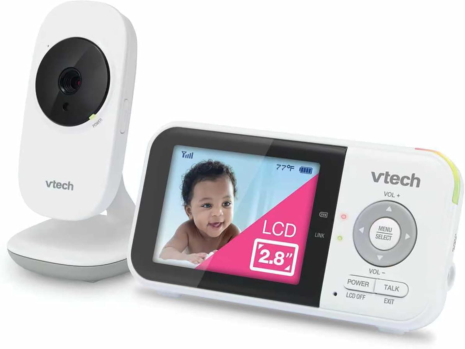 White VTech baby camera unit alongside a handheld parent unit featuring a 2.8-inch LCD screen.