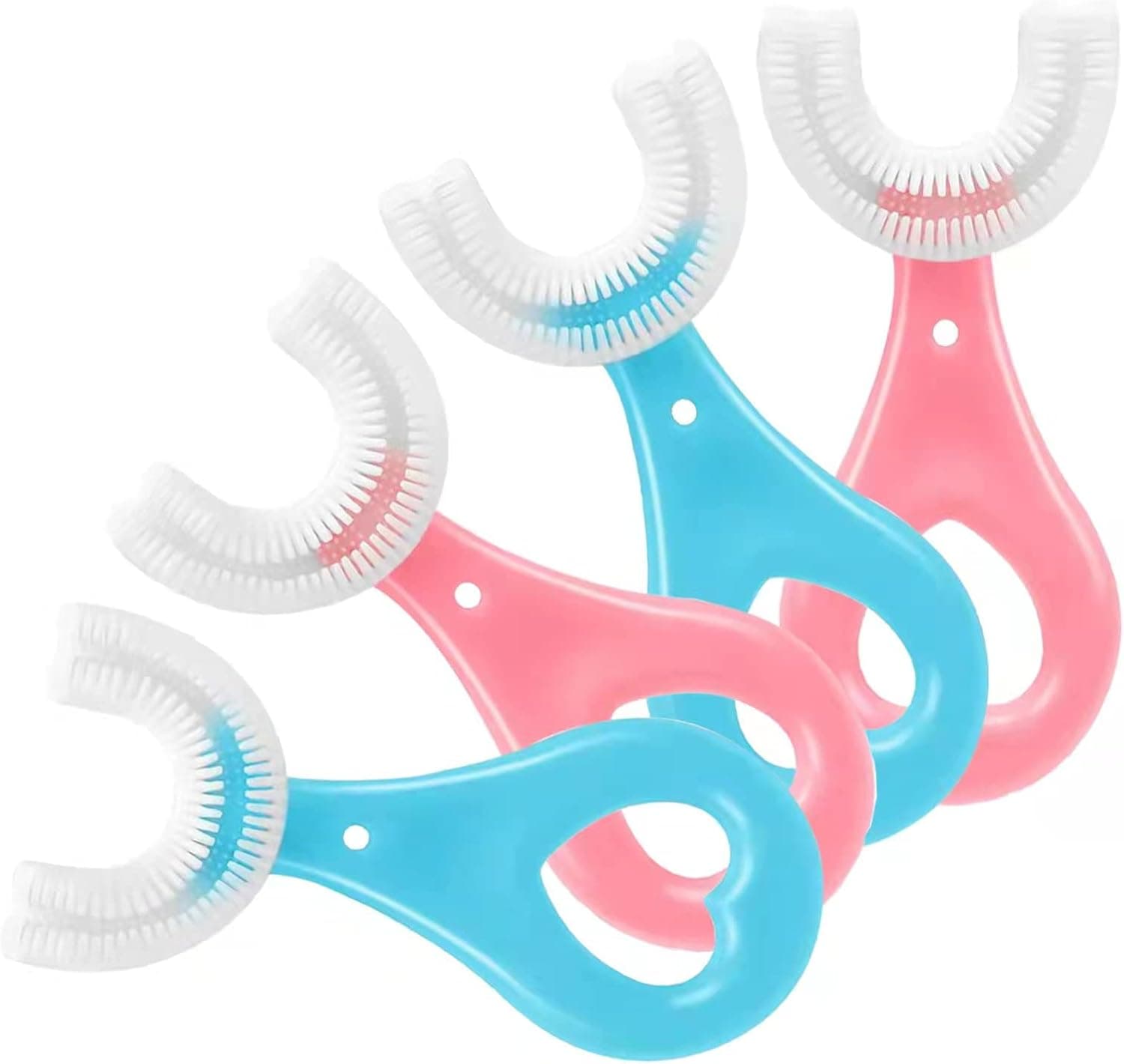 Four U-shaped silicone toothbrushes in pink and blue with white flexible bristles.