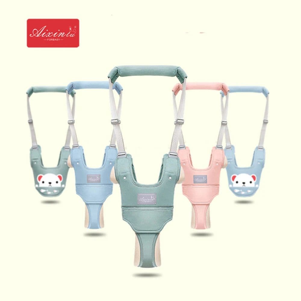 Five baby walking harnesses with top handles shown in soft teal, blue, and pink colors.