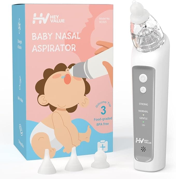 A white handheld electric nasal aspirator beside its retail packaging and silicone attachment tips.