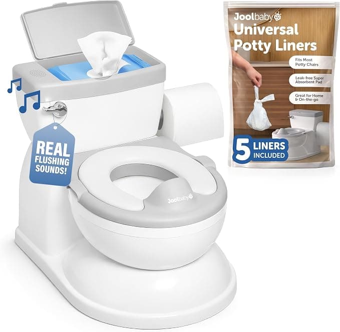 A white and grey realistic toddler potty chair with a pack of five included disposable liners beside it.