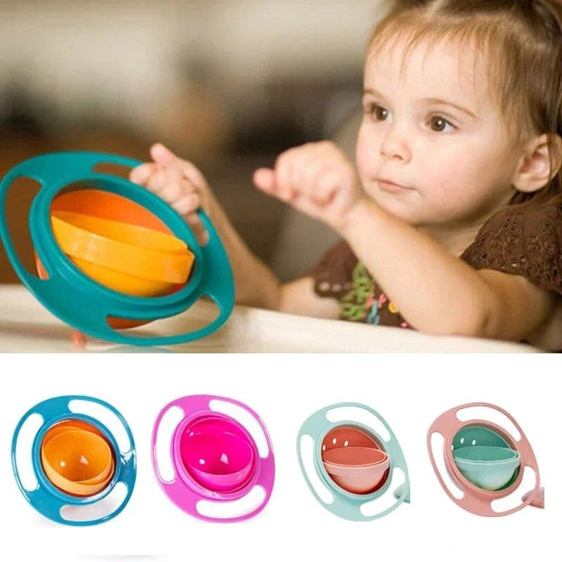 A child holds a bright blue and orange rotating spill bowl with outer handles.