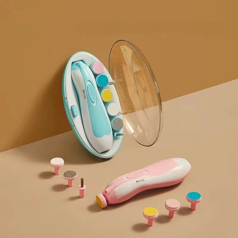 Blue and pink electric baby nail trimmers with interchangeable color-coded grinding heads and a clear storage case.