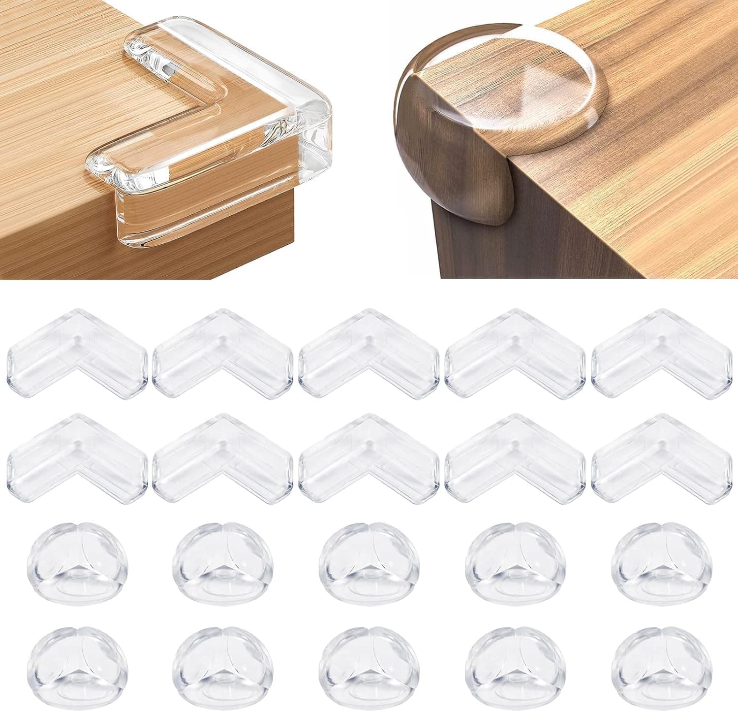 Clear L-shaped and rounded corner guards attached to wooden furniture edges, shown alongside rows of unattached transparent guards.